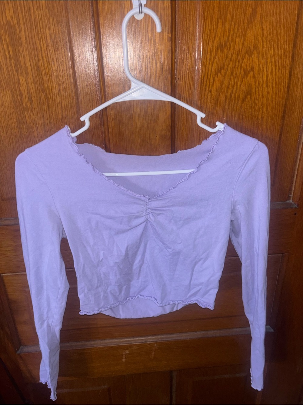 SHEIN Lilac Ruched V-Neck Long Sleeve Crop Top